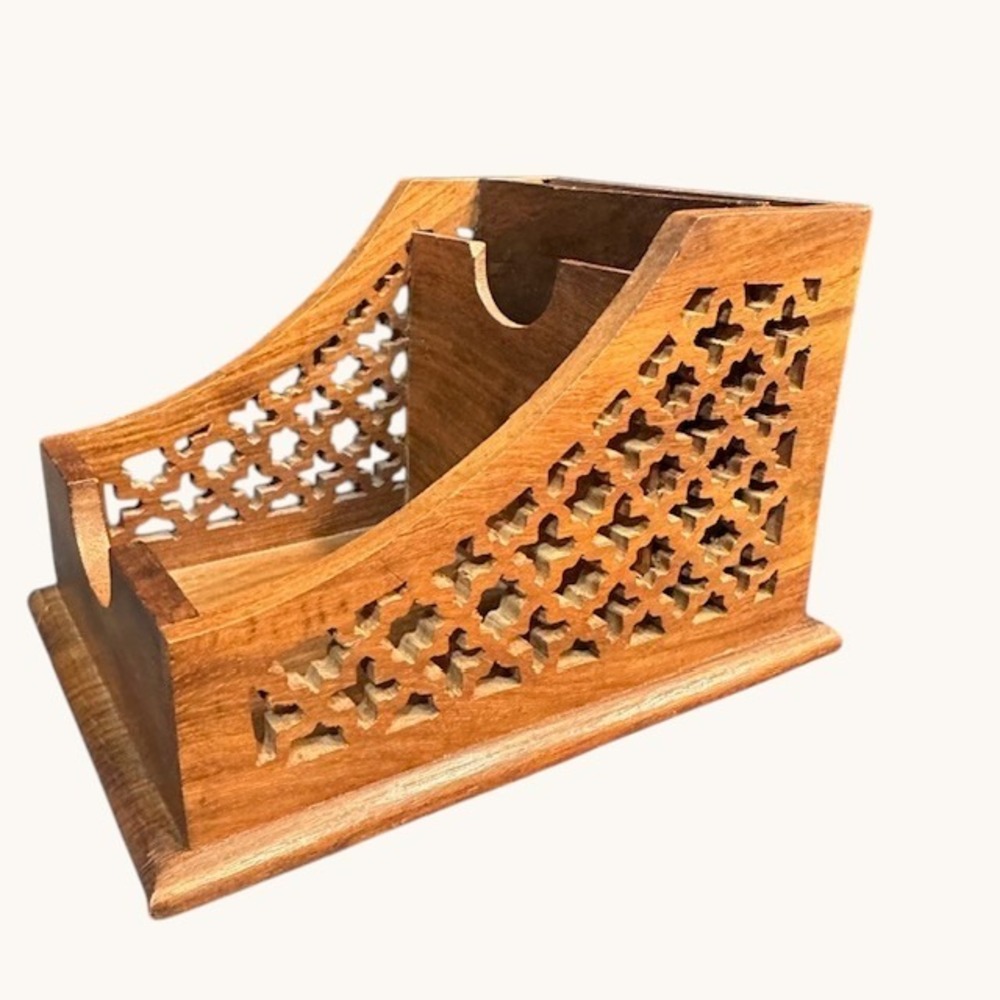Hand‎ Carved Wood Desk Organizer Holder Stand with Intricate Lattice Design